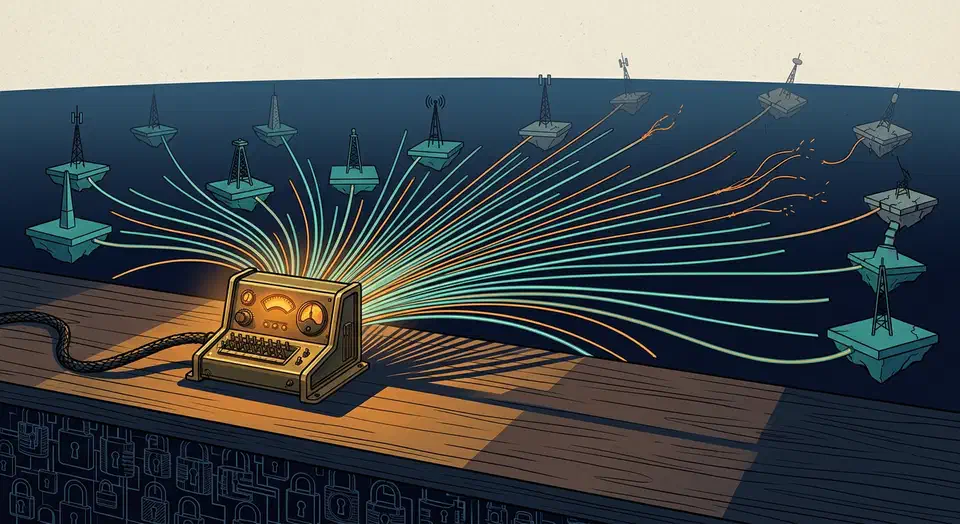 OmniRoute free AI gateway claims 250 providers and 1.6 billion free tokens a month. Those are vendor numbers, and the account risk is the real story. Brass switchboard console on a desk fanning hundreds of glowing cables out to distant transmitter towers, some cables fraying