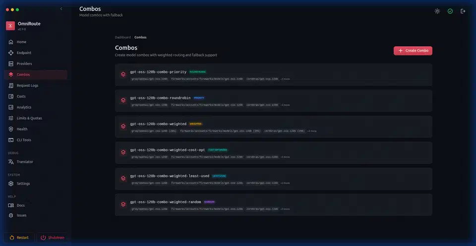 Routing combos builder: the auto-fallback chain editor where routing strategies are assembled