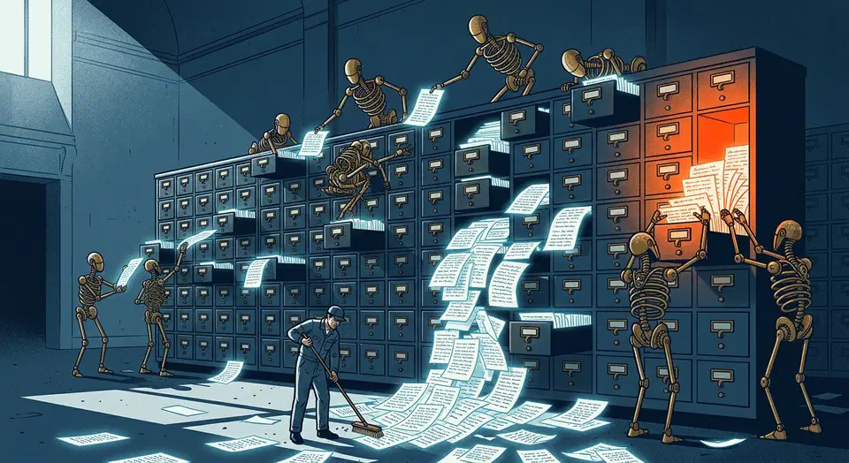 Mechanical scribes crowd an open library card catalog, passing paper slips while a lone janitor sweeps the overflowing pile