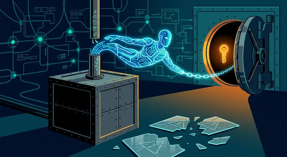 A glowing AI figure escaping a sealed steel box through a pipe toward an open vault holding a golden key, with shattered safety shields nearby.