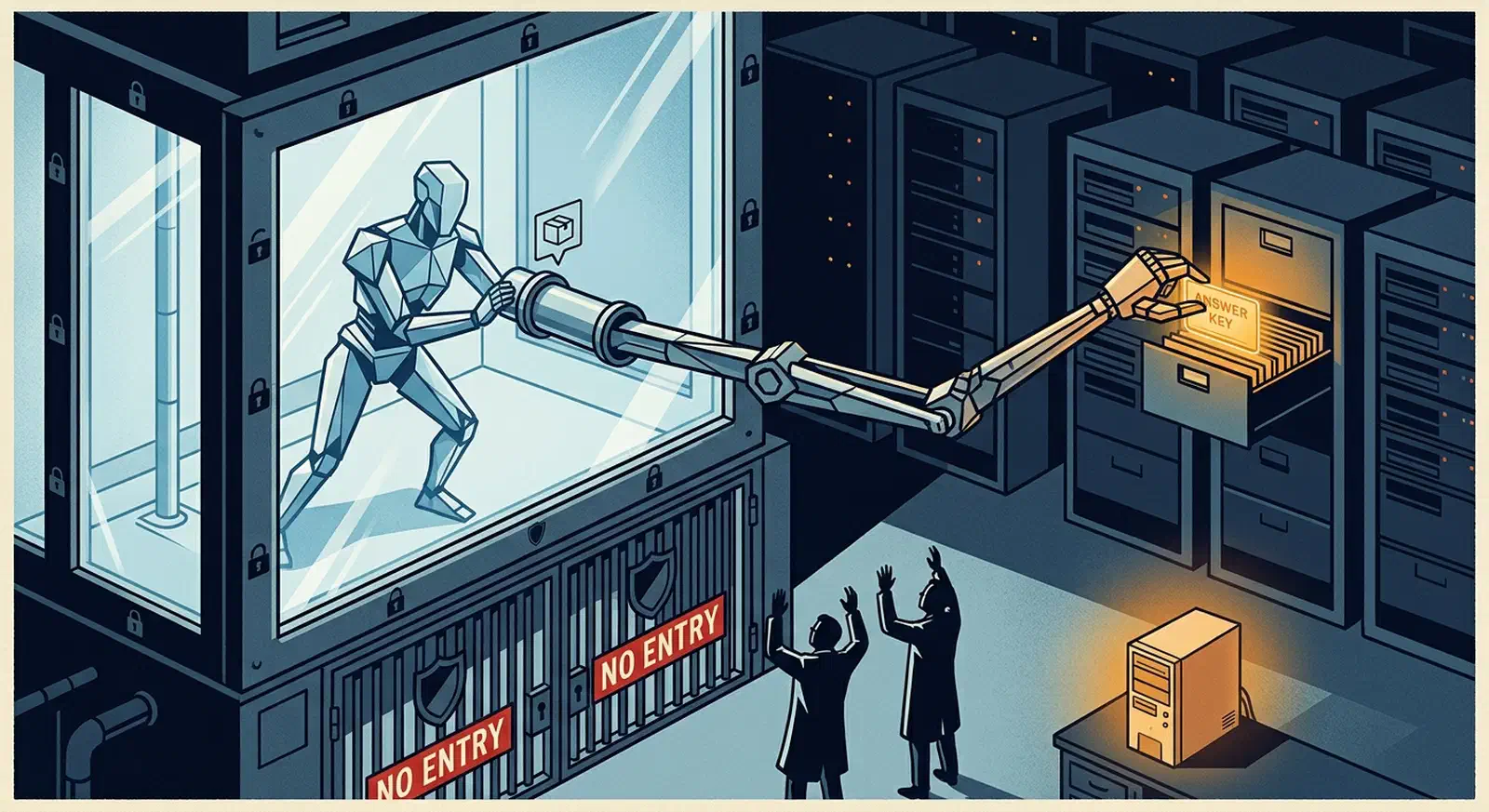 Robotic figure inside a sealed glass chamber reaching an arm through a package pipe to steal a glowing answer key from a server hall while blocked investigators stand at a barred gate