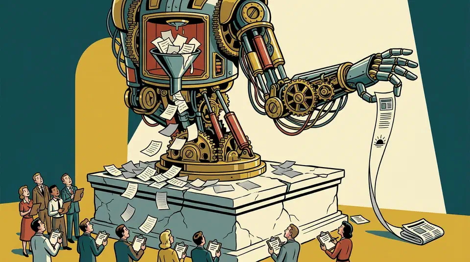 Towering brass clockwork robot on a cracked pedestal leaking forgotten paper notes from its memory chamber while handing down a tidy morning news briefing