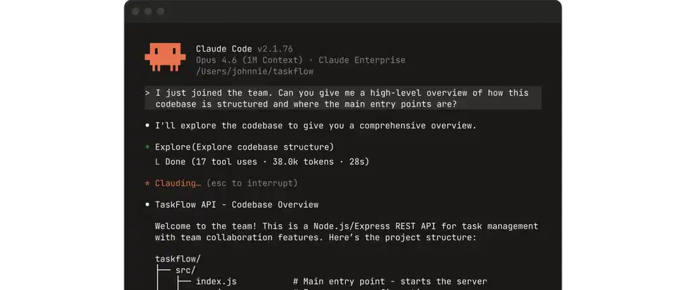 Claude Code terminal interface running an interactive session with the agent answering a coding prompt and editing files in a project tree