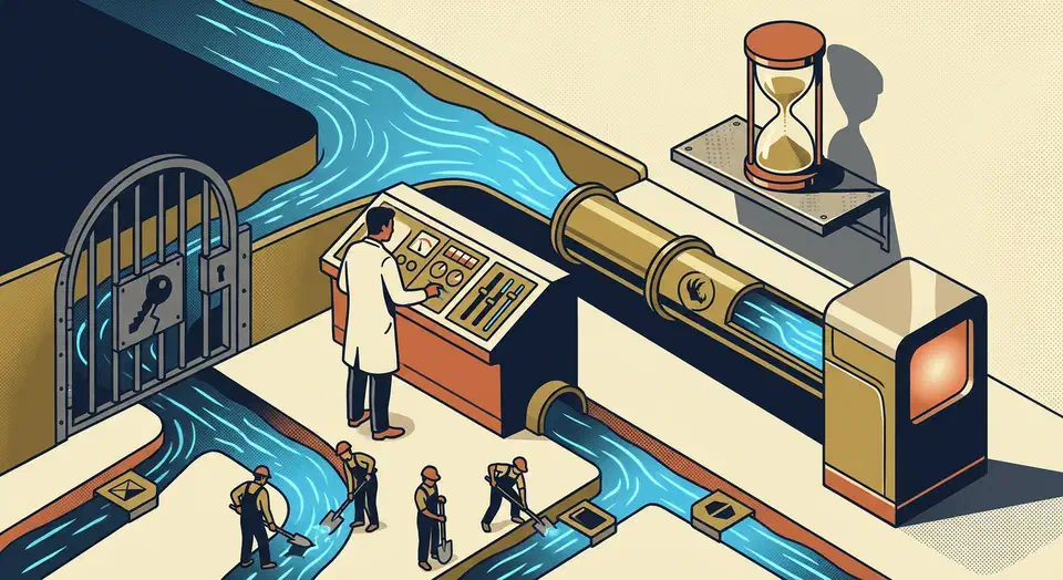 Editorial infographic of an engineer at a control panel splitting glowing data flow between a sealed OAuth gate and an open brass pipe feeding a glowing terminal monolith