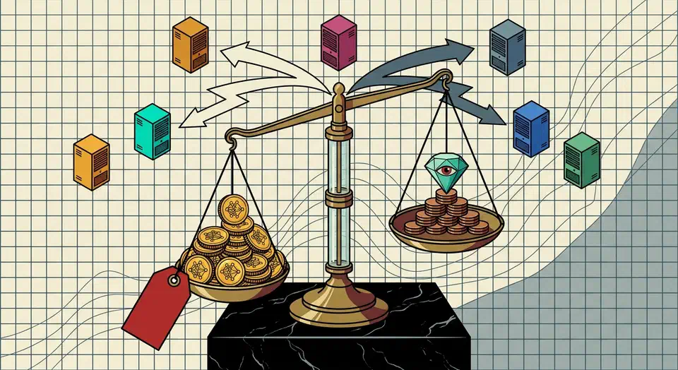Brass alchemist scales weighing a heavy pile of gold coins with a red 1500 price tag against a small pyramid of bronze coins and a teal dragon-circuit gem, with five colored arrows pointing to isometric server towers