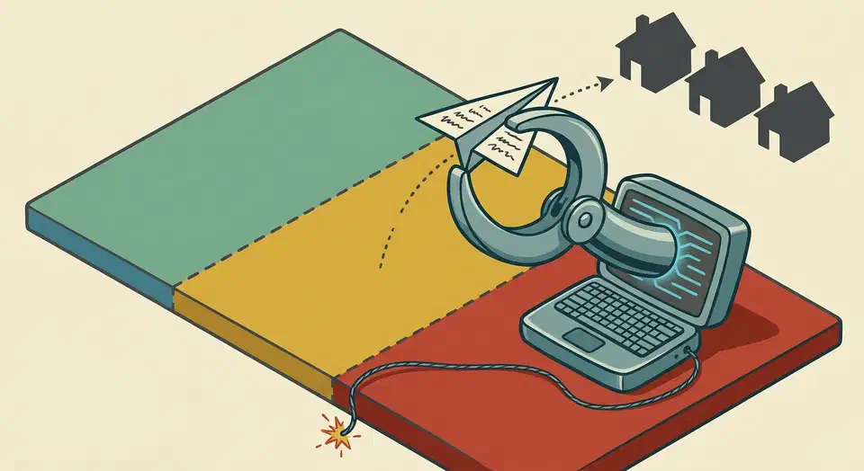 Robotic claw extending from a laptop screen flinging a paper-airplane text message toward three small house silhouettes across colored permission zones