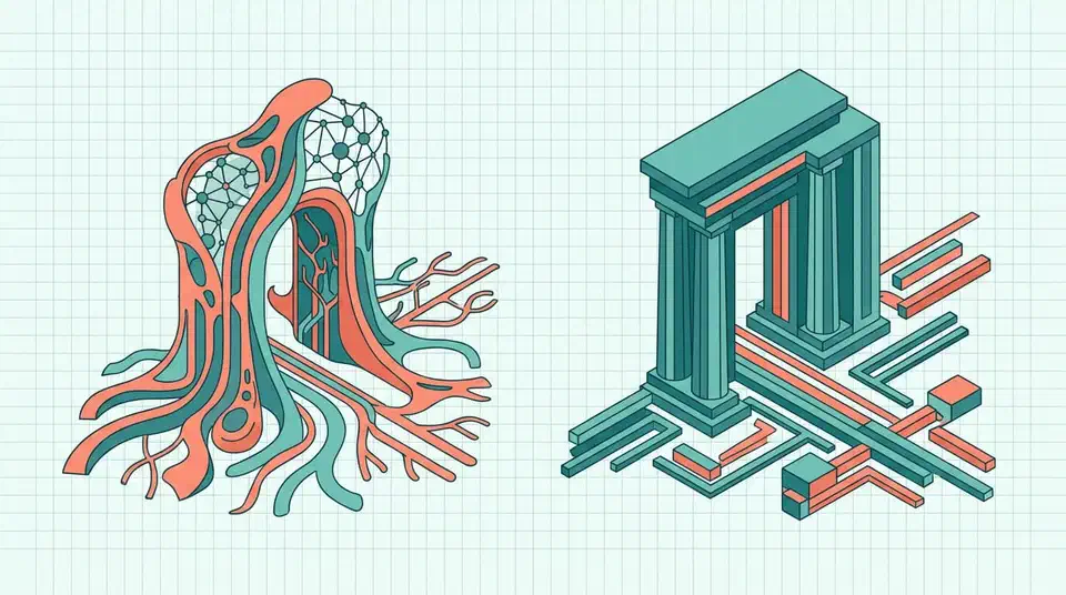 Side-by-side allegorical illustration showing Hermes as an organic flowing organism with a crystalline brain at its core on the left, and OpenClaw as a structured isometric temple with modular pillars and stacked beams on the right, rendered on graph paper