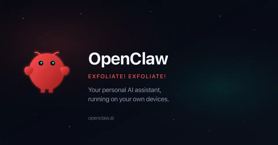 OpenClaw landing page banner with red mascot character on dark starry background, tagline reading &ldquo;Your personal AI assistant, running on your own devices&rdquo;