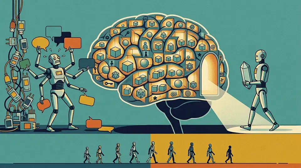 Allegorical illustration of a translucent brain memory vault with a chaotic multi-armed robot dropping speech bubbles on the left and a calm robot carrying a memory shard on the right
