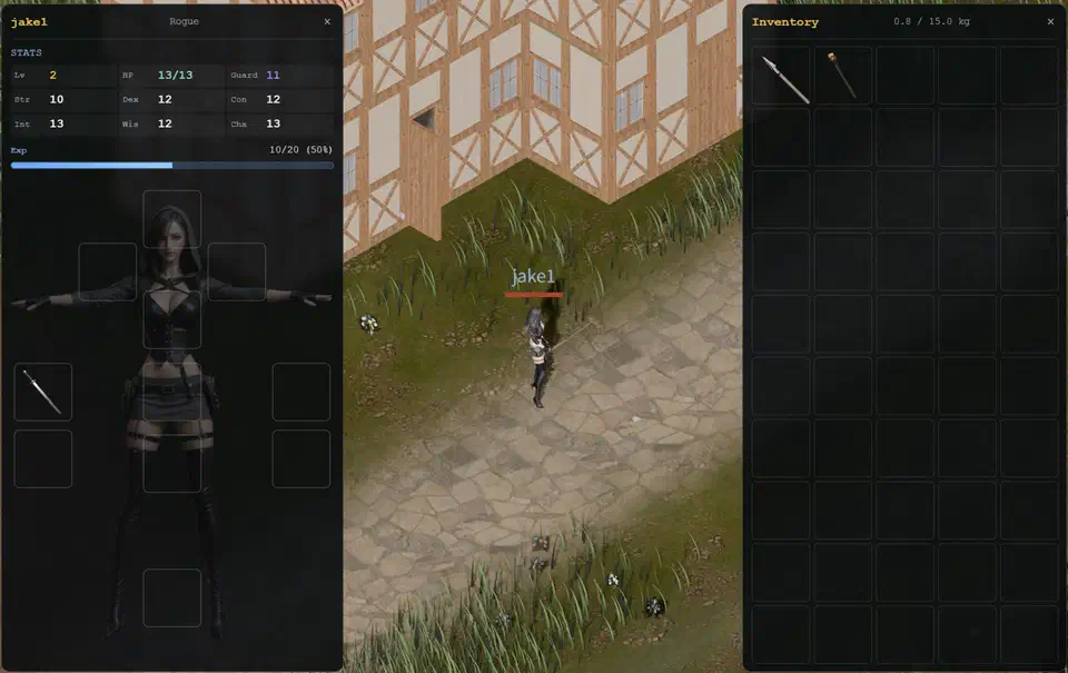 OpenMMO character sheet listing six attributes, a paper-doll equipment layout, and a weight-limited inventory grid