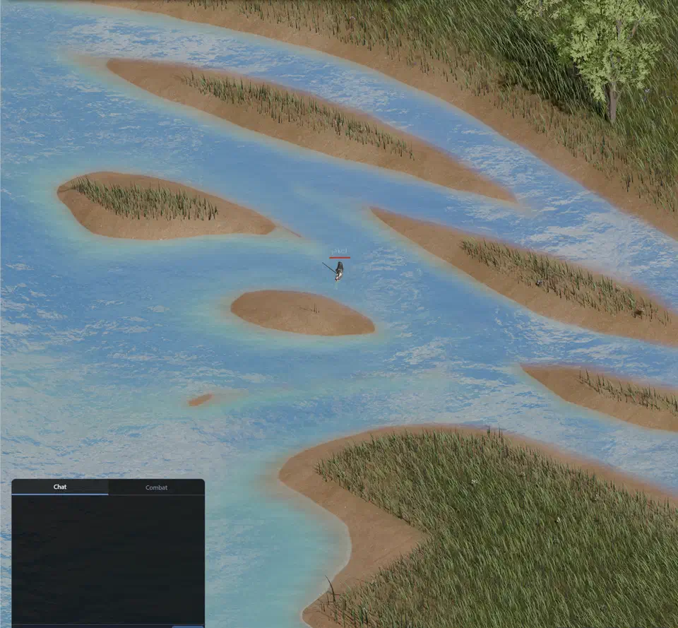 River delta in OpenMMO where braided distributary channels split apart and meet the sea against a sandy coastline