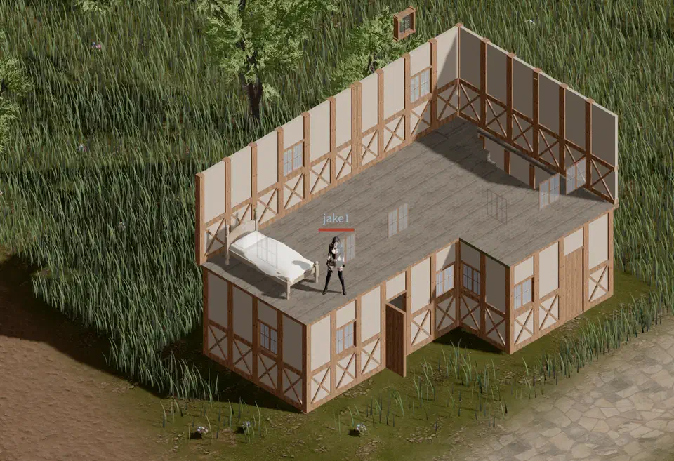Player-built multi-storey timber-framed house in OpenMMO with furniture inside and a quarter-view camera angle