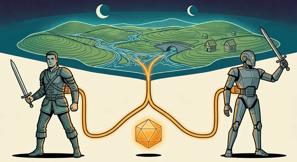 A glowing cable from a fantasy landscape splits into two identical plugs, one entering a human adventurer and one a robot, with a twenty-sided die between them