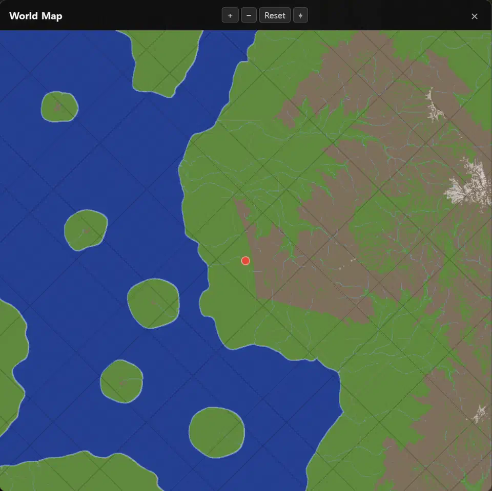 Procedurally generated 32 by 32 kilometre world map showing coastlines, rivers, biome colouring, and settlement markers