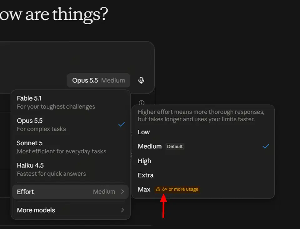 Claude app model picker with Opus 5.5 selected at Medium effort and a warning beside Max reading 6x or more usage
