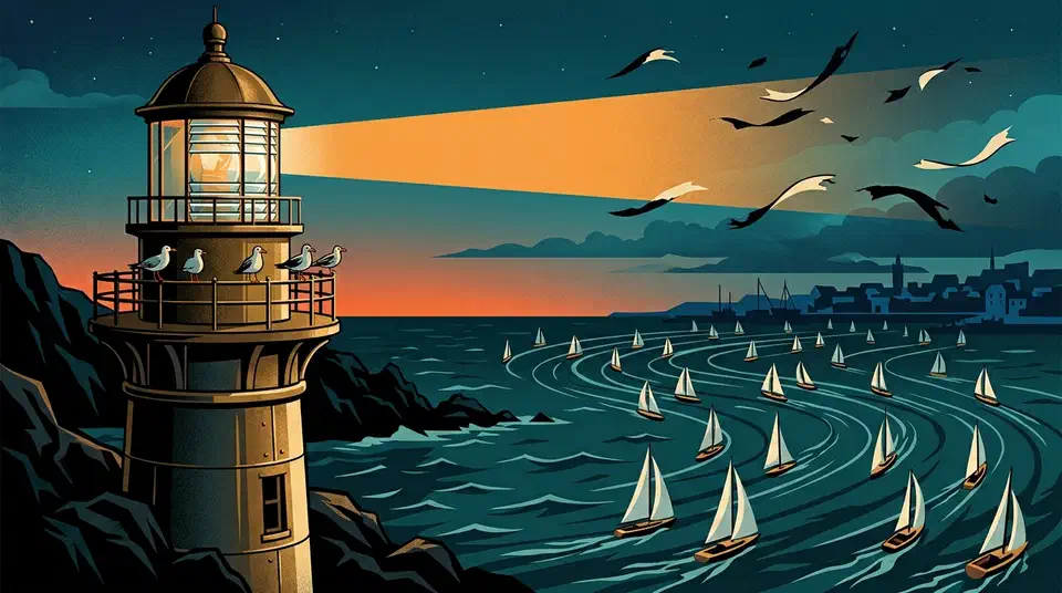 Brass lighthouse on a rocky coast shining an orange beam at dusk as small sailboats turn back toward it