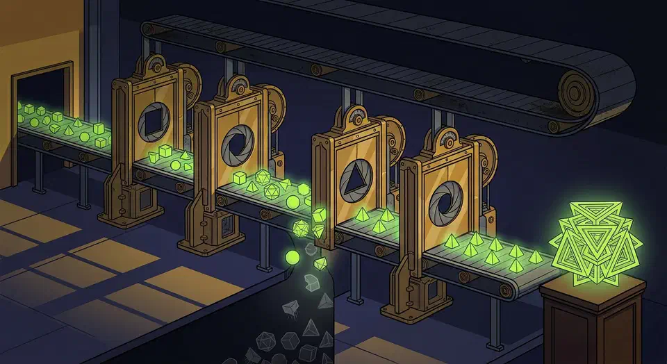 Assembly line of shutter gates letting only matching geometric tokens pass through to form one crystalline structured object
