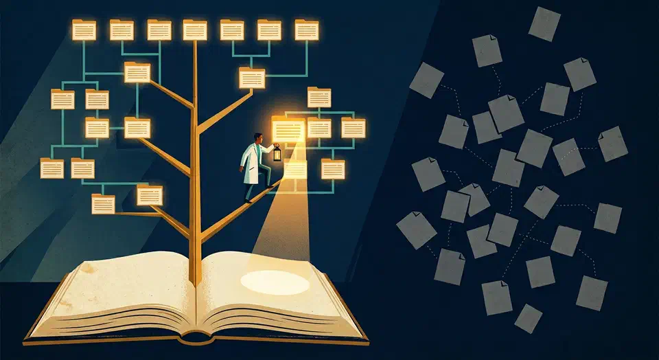 An open book whose pages branch into a tree of section cards, with a figure holding a lantern lighting one page