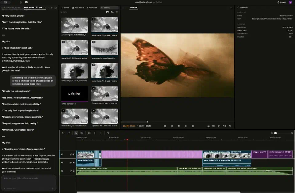 Palmier Pro editor showing the agent chat panel on the left, a media bin of video clips, a butterfly clip in the preview window, and a multi-track timeline along the bottom