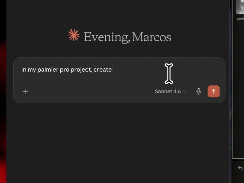 Claude Desktop prompt box with the words &ldquo;In my palmier pro project, create&rdquo; typed in, the Sonnet 4.6 model picker below it, and the editor visible at the right edge