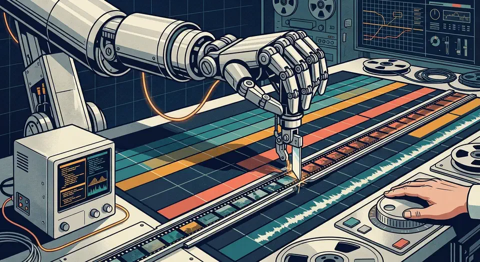 Robotic arm trimming a strip of film on an oversized video editing timeline while a human hand rests on a jog wheel