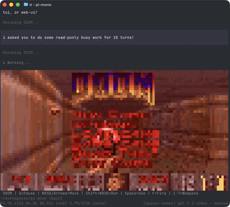 A third-party Pi extension drawing a full Doom game frame inside the terminal window, above the normal agent prompt