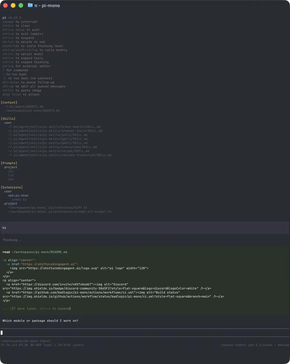 Pi interactive mode terminal UI with the startup header, the message stream, the input editor, and a footer showing token count, cost, and context usage