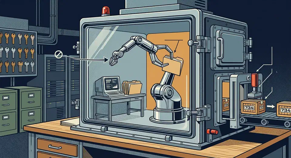 Chrome robotic arm with an open claw working inside a sealed glass containment chamber, credential keys and server racks out of reach outside