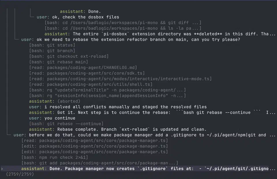 Pi session tree view listing branch points in one coding session, with each branch shown in place under its parent message