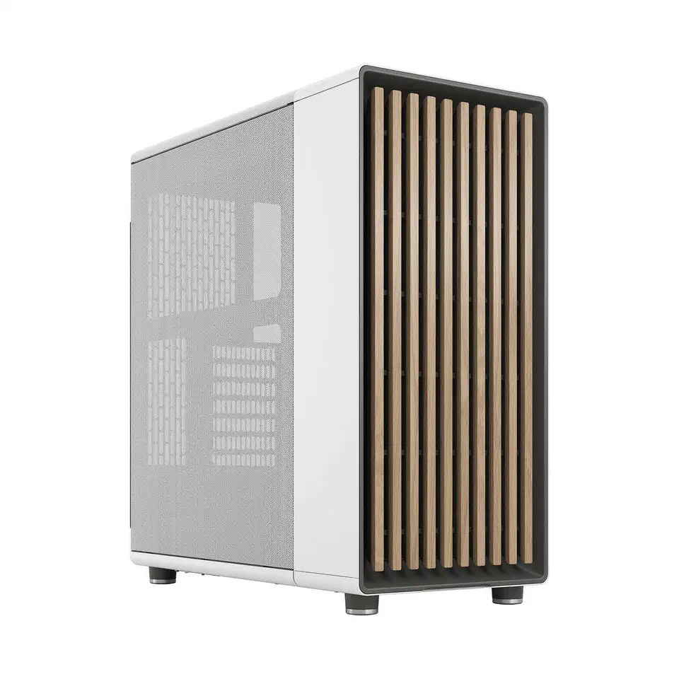 Fractal Design North mid-tower case in chalk white with mesh side panel and natural wood front accent