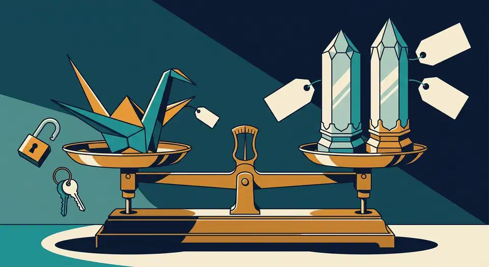 An origami crane balances level on a brass scale against two tall crystal monoliths, with an open padlock and keys nearby.