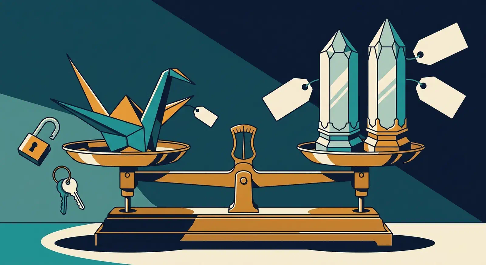 An origami crane balances level on a brass scale against two tall crystal monoliths, with an open padlock and keys nearby.