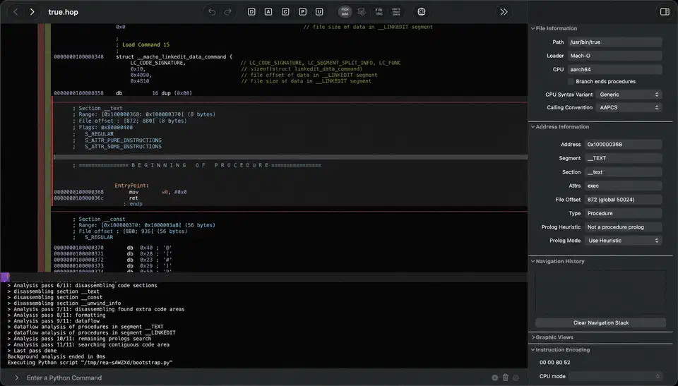 Hopper disassembler showing the entry point of /usr/bin/true while REA runs its Python bootstrap script in the console