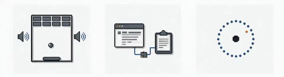 Three pixel-art panels: a breakout game with stereo speakers, a browser window wired to a clipboard, and a ring of bullets around a dot