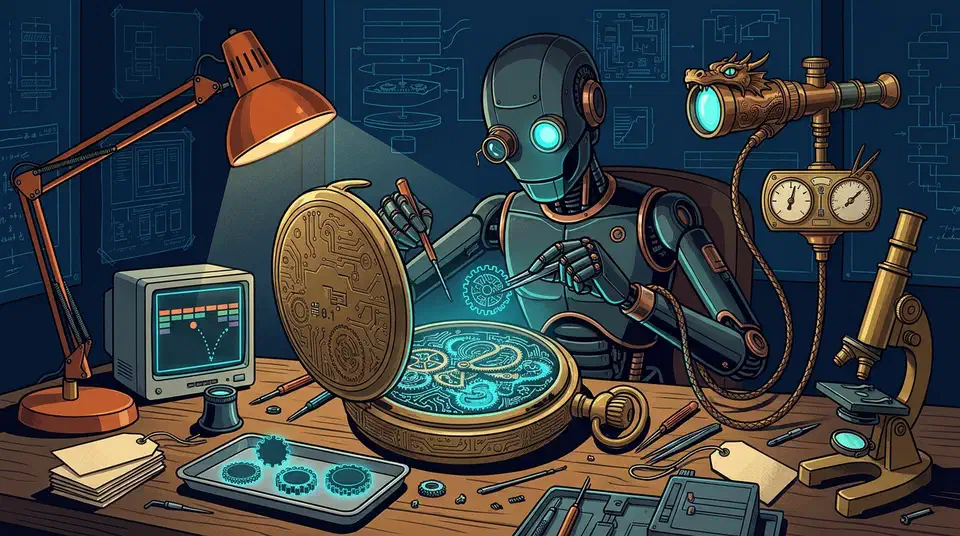 Reverse Engineer Anything lets your AI agent read any app through Ghidra, Hopper or IDA, but a plain agent nearly matched it on a simple app test. Robot at a workbench opening a giant pocket watch full of glowing code gears beside a retro breakout game monitor
