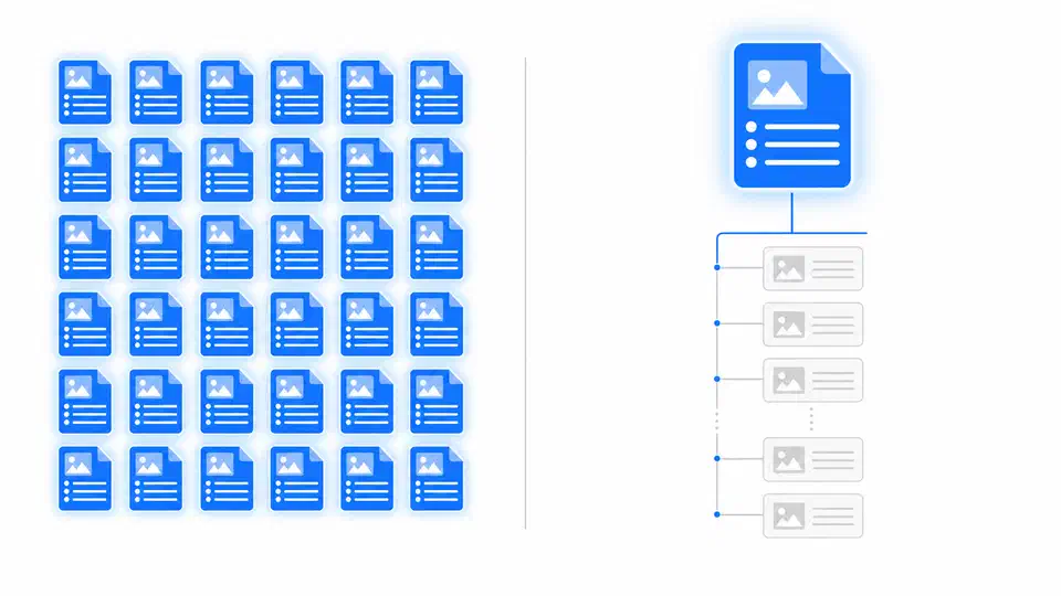Diagram contrasting a grid of 78 separate always-loaded skill files on the left with a single highlighted router skill on the right that branches out to greyed-out reference files loaded on demand