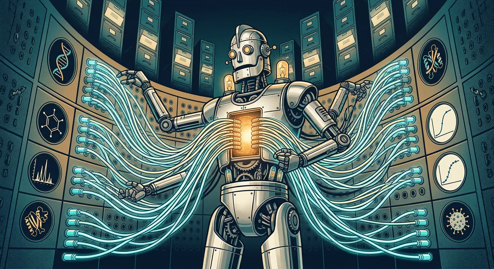 Robotic switchboard operator wiring glowing cables into sockets showing DNA helices, molecules, and mass-spectrometry charts