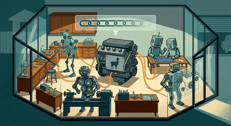 Four distinct robots in a sealed glass workshop, each cabled to one central llama-stamped engine, with an eight-link reliability gauge fading at the end.