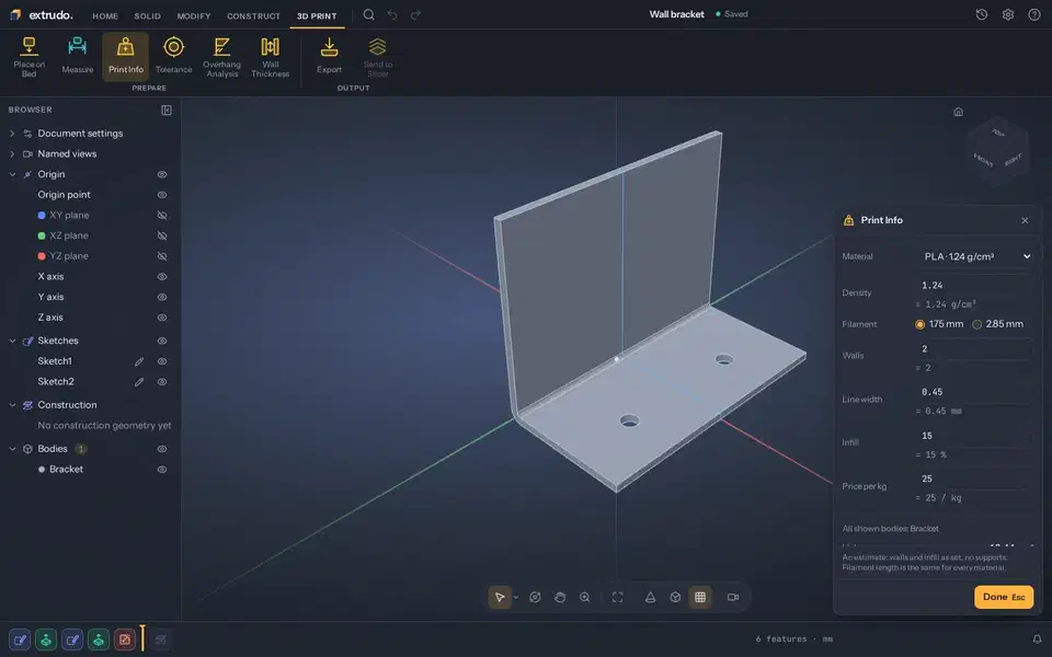 Extrudo 3D print preparation view with print bed placement and filament estimates