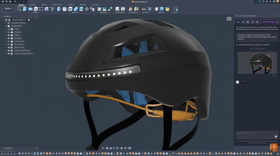 Autodesk Fusion Design workspace with a bicycle helmet model, SOLID tab ribbon, browser tree, timeline and Autodesk Assistant panel
