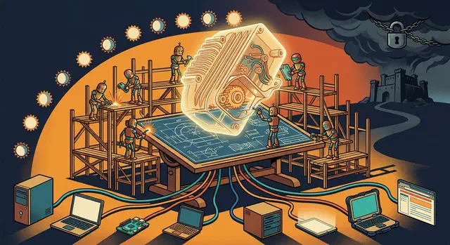 Small robots on scaffolding assemble a glowing 3D enclosure over a blueprint, with cables running to eight different computers