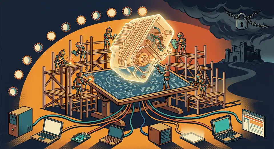 Small robots on scaffolding assemble a glowing 3D enclosure over a blueprint, with cables running to eight different computers