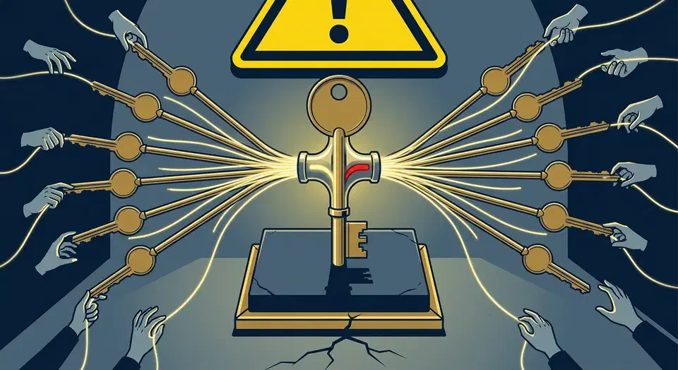 A brass key on a slate pedestal splitting into a dozen duplicate keys with cables reaching many hands, under a hazard warning triangle
