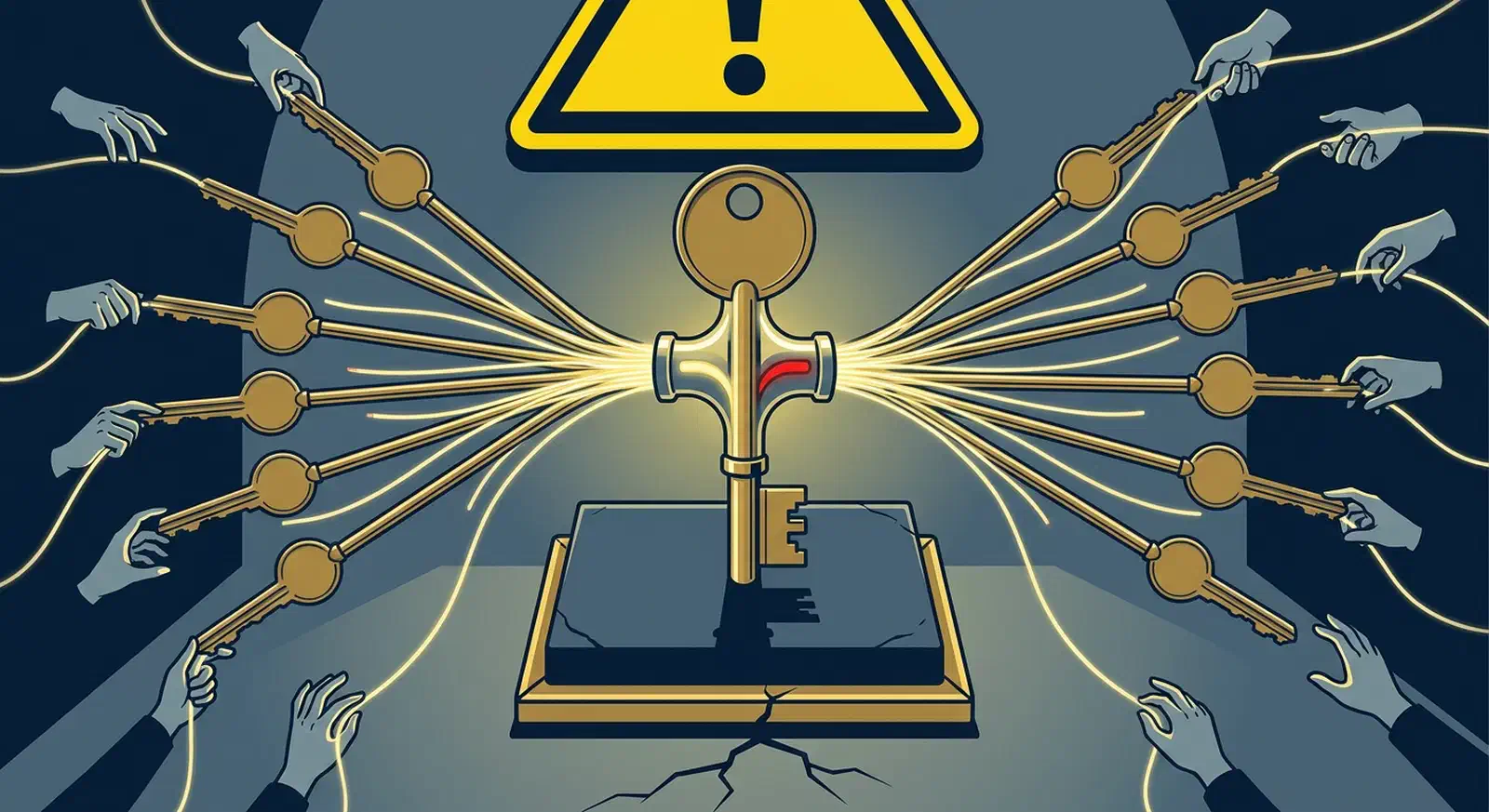 A brass key on a slate pedestal splitting into a dozen duplicate keys with cables reaching many hands, under a hazard warning triangle
