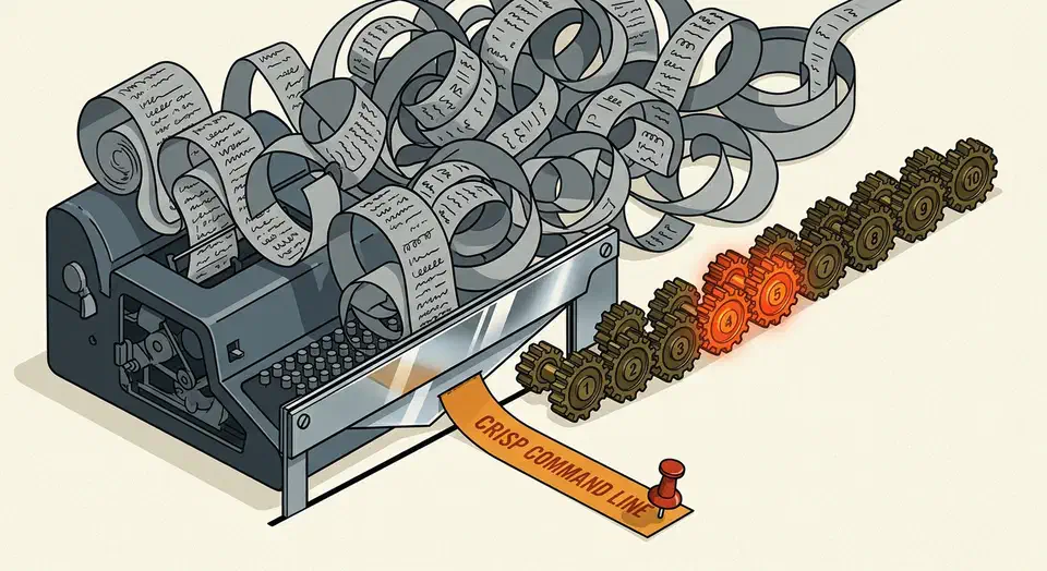 Vintage teletype machine unspooling a tangled paper ribbon that a chrome guillotine blade cuts down to one short orange strip