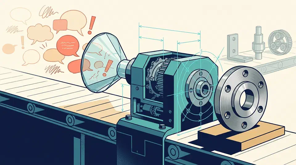 Text to CAD agent skills turn a plain sentence into a STEP file, with 11 skills covering CAD, DXF, URDF, slicing, and local Bambu Lab print jobs. Speech bubbles funnel into a teal machine that outputs a steel flange with six bolt holes on a conveyor