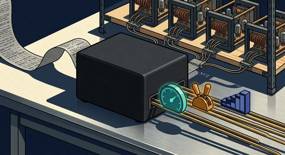 Sealed unlabelled black decision machine turning a ribbon of text into a probability dial, a switch and a bar gauge, with hand-built clone machines behind it