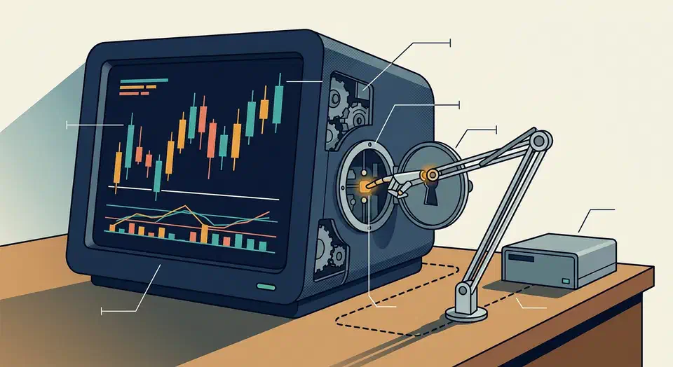 TradingView MCP server links Claude Code to the TradingView Desktop app on your own machine, over the debug port, for charts and Pine Script. Desktop trading terminal showing candlestick charts with a mechanical arm reaching through an open access hatch in its side panel