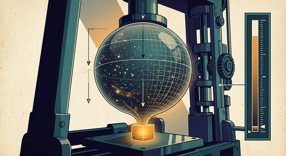Giant glass sphere full of glowing points compressed by a hydraulic press into a small dense cube beside a dropping measurement gauge