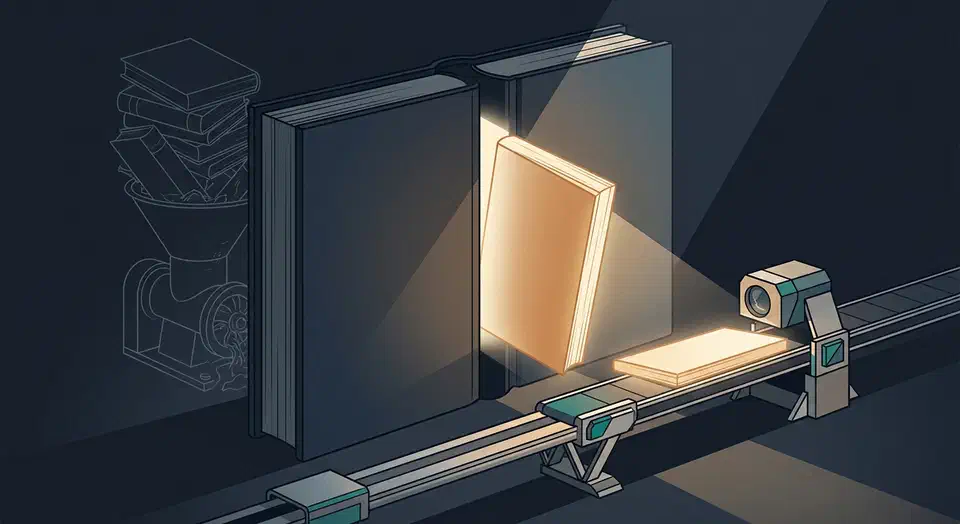 An open book with one glowing chapter sliced out and carried on a rail toward a small robotic reading head